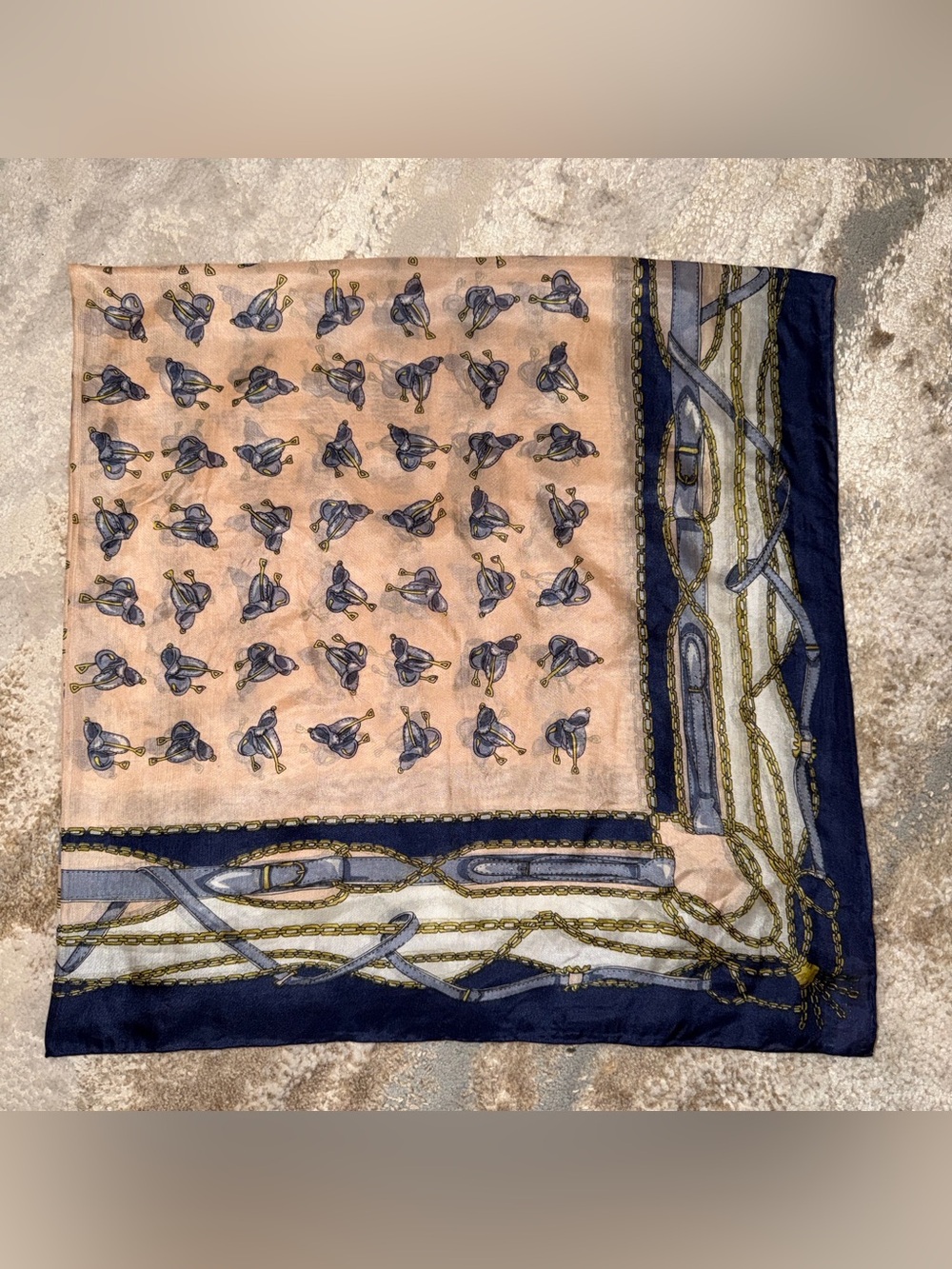 Vintage Golden Camel Chinese Silk Equestrian Scarf 32”